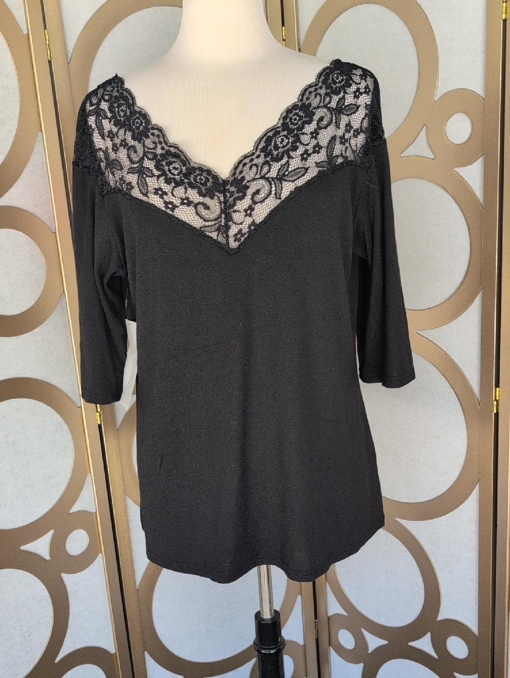 Black Lace V-Neck Women's Top